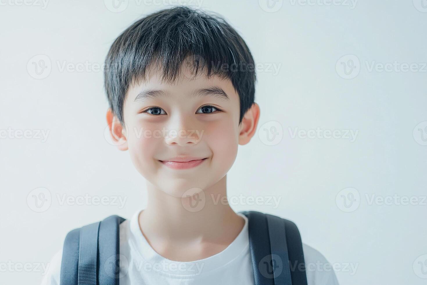 A young boy with a backpack smiling photo