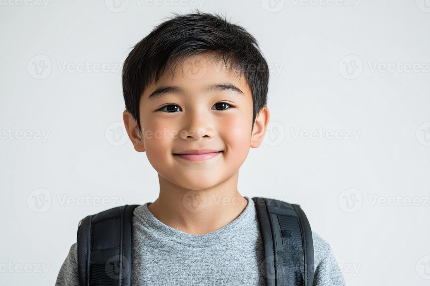 A young boy with a backpack smiling photo