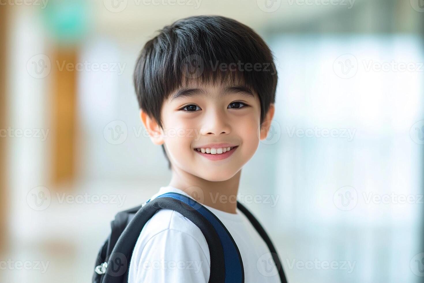 A young boy with a backpack smiling photo