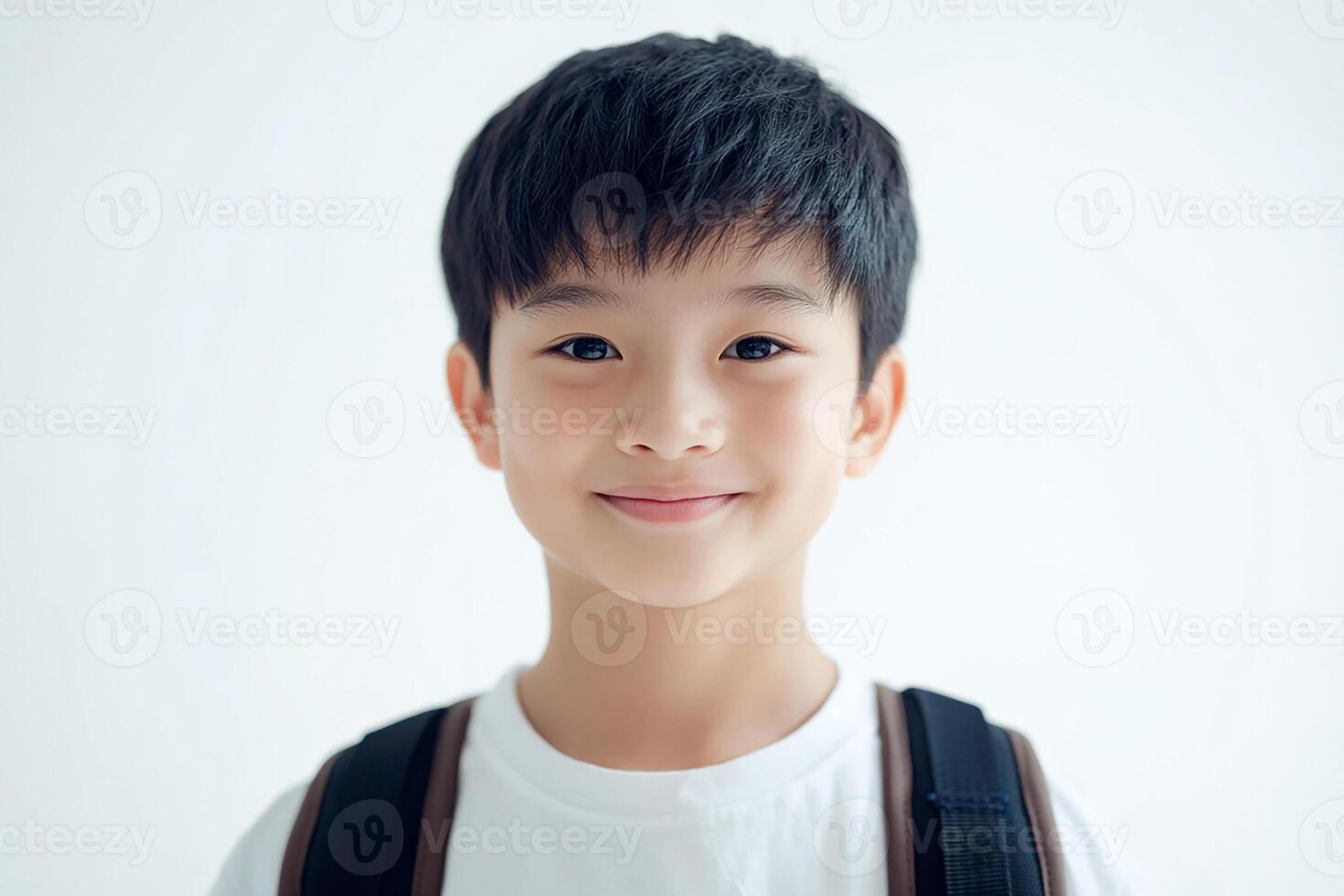 A young boy with a backpack smiling photo