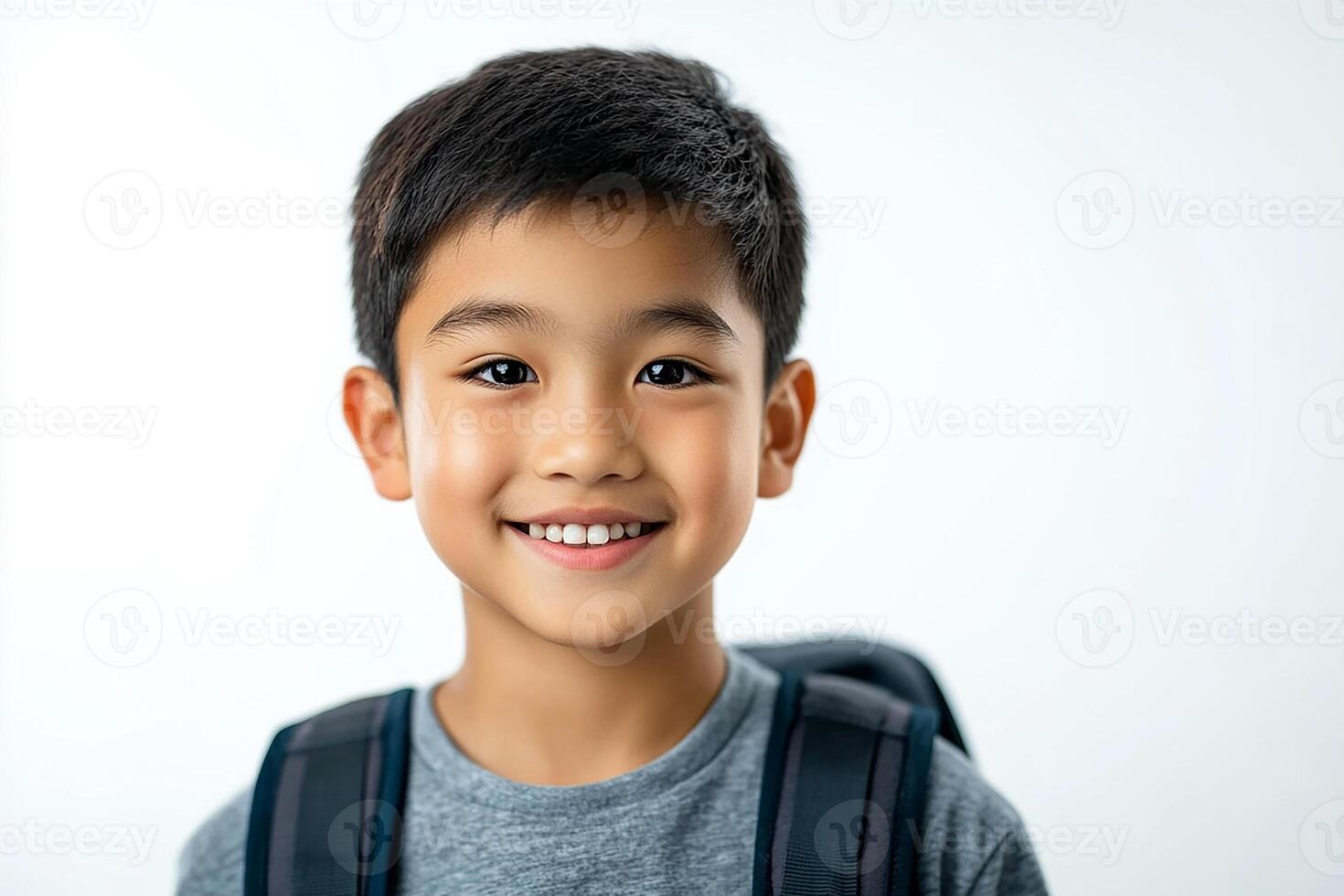 A young boy with a backpack smiling photo