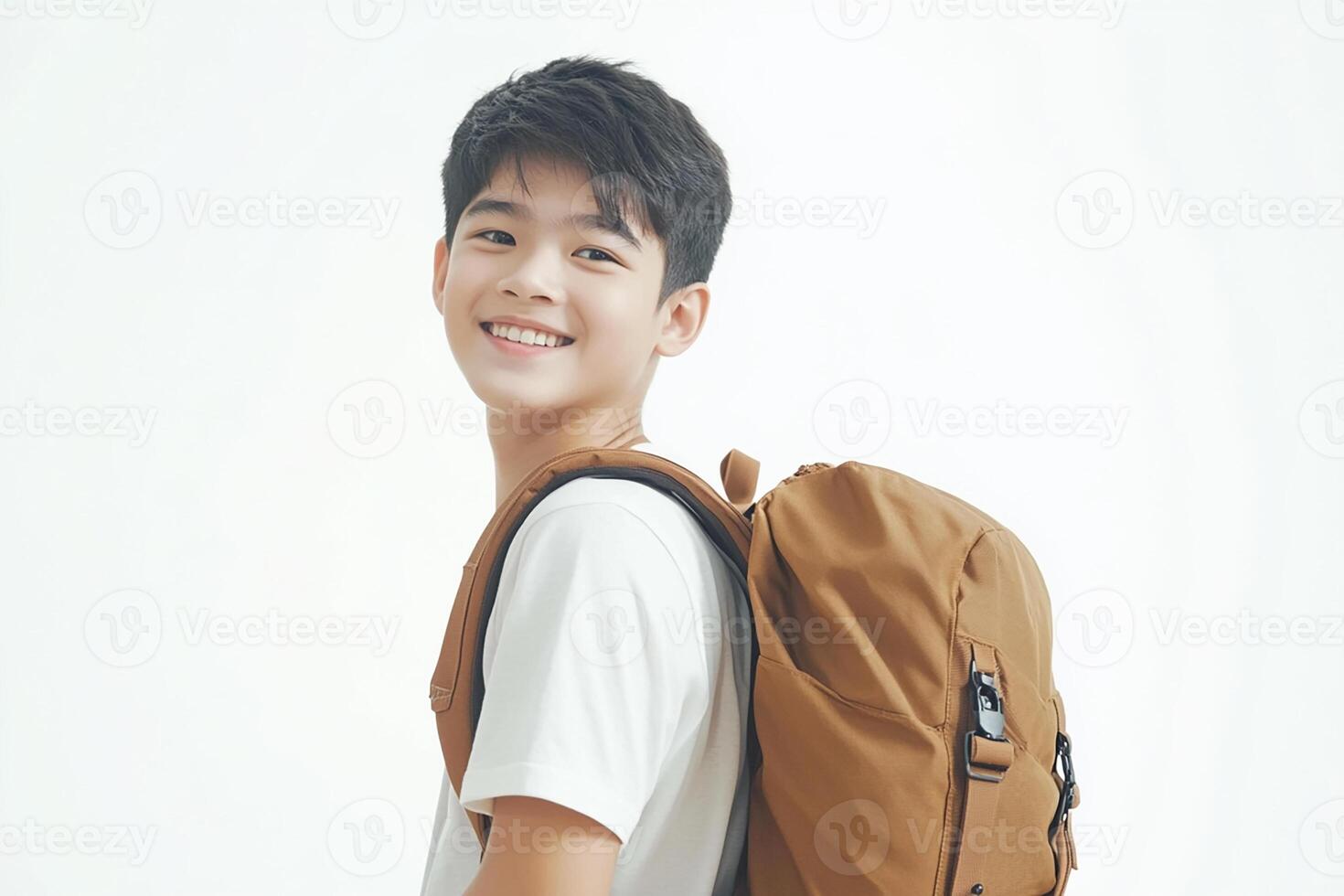 A young man with a backpack smiling photo