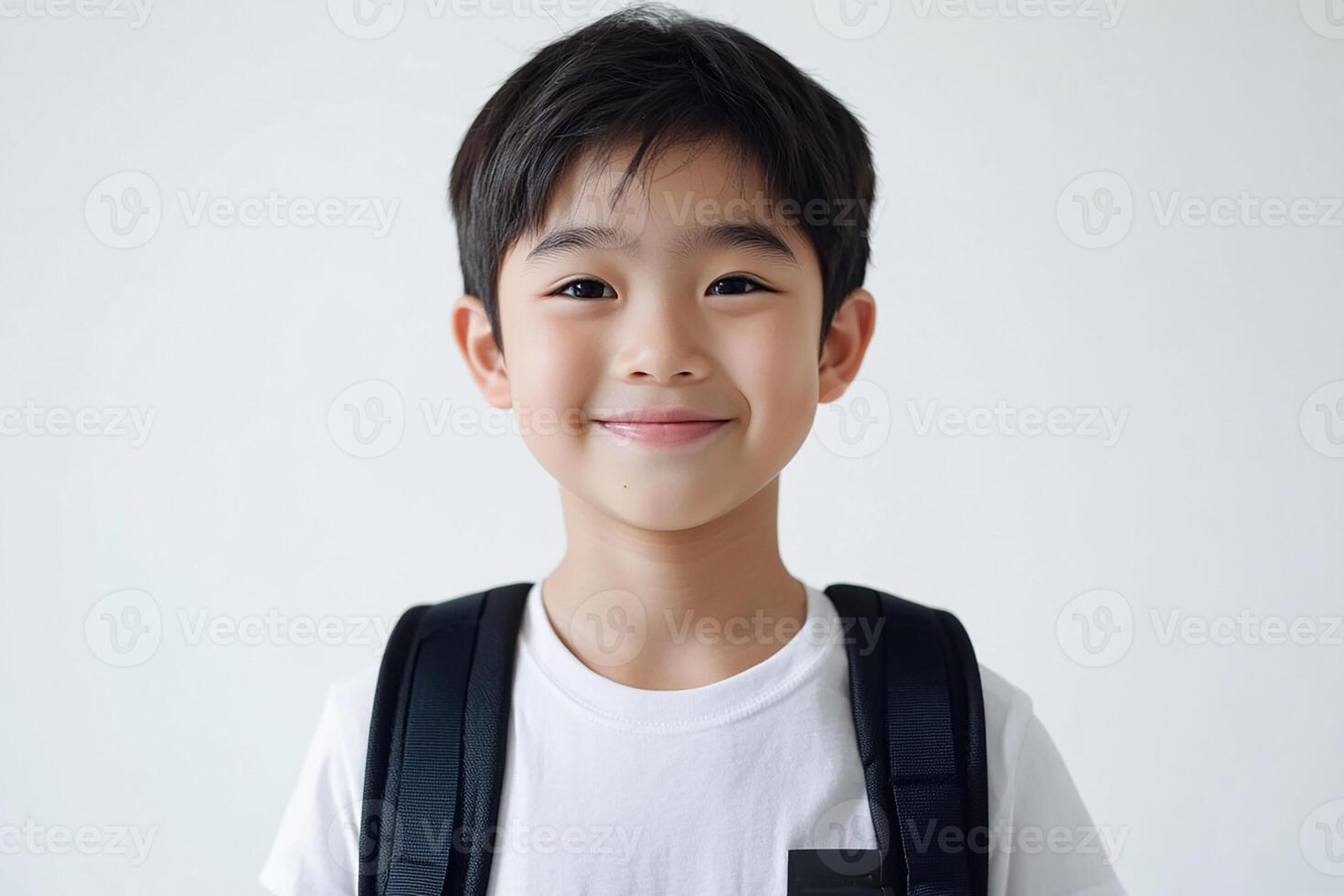 A young boy with a backpack smiling photo