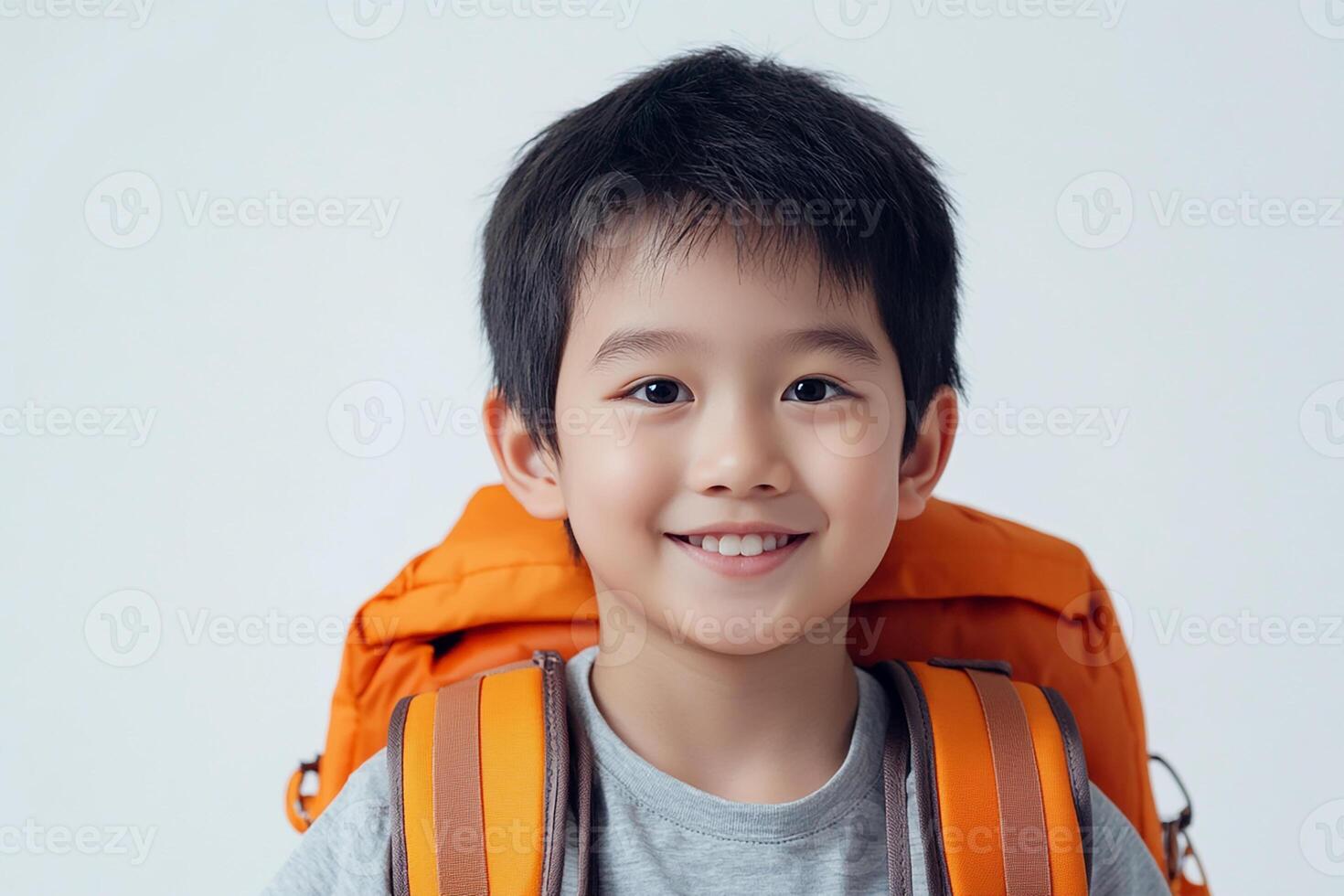 A young boy with a backpack smiling photo