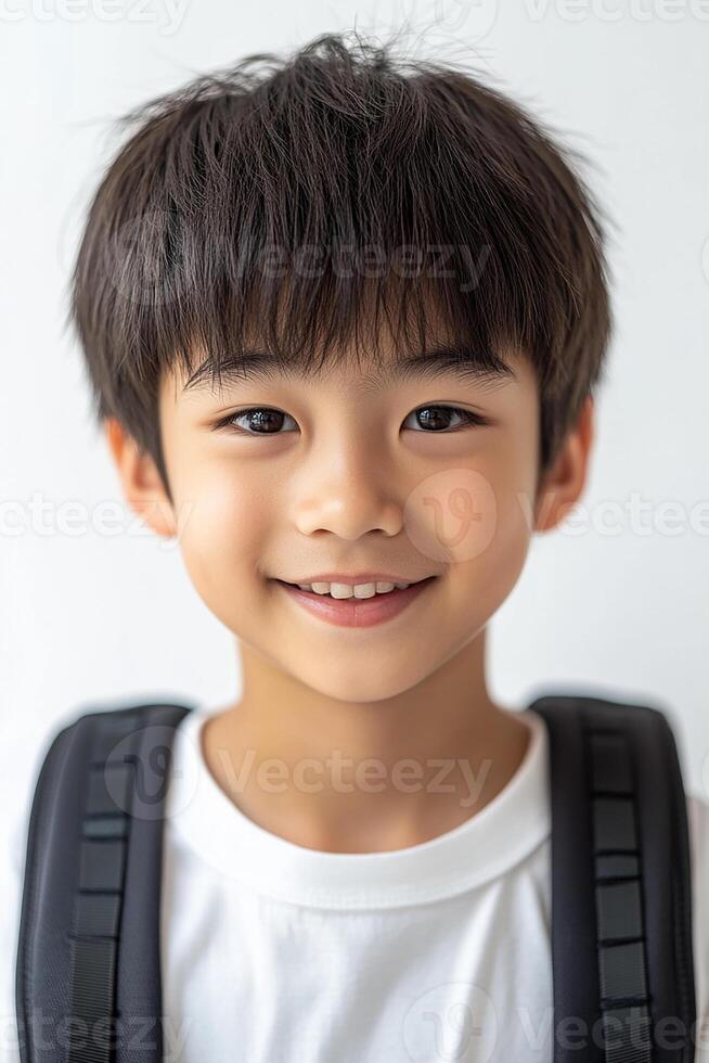 A young boy with a backpack smiling photo