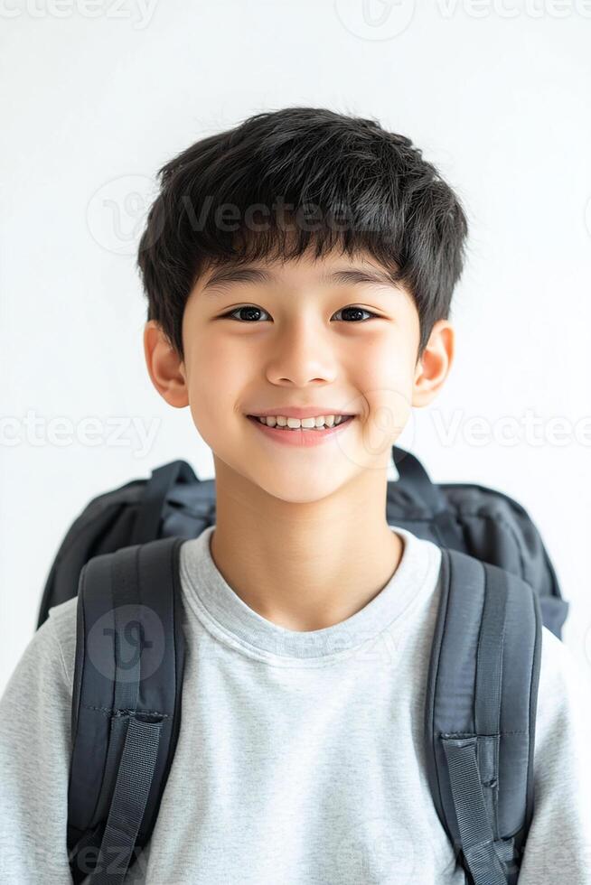 A boy with a backpack smiling photo