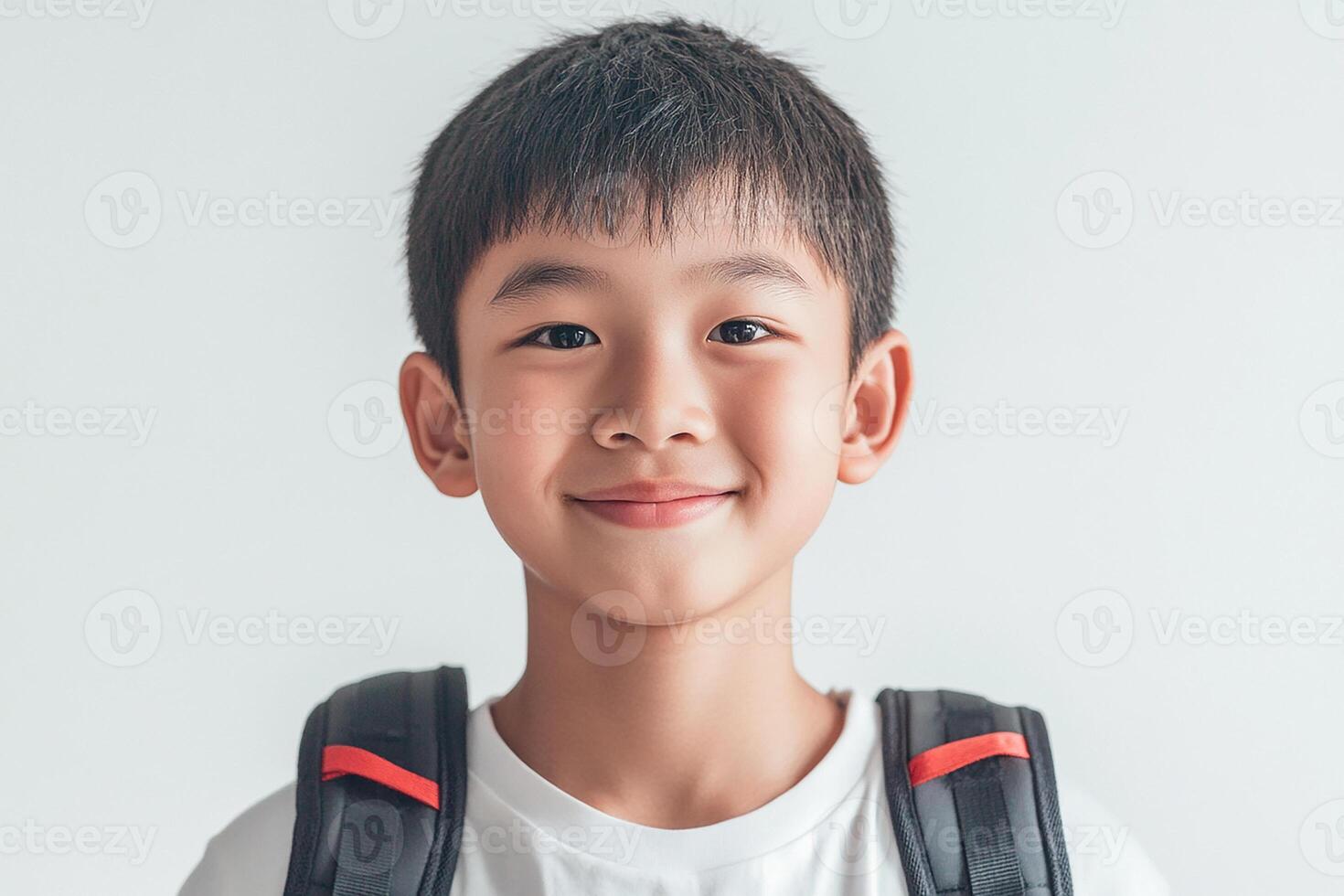 A young boy with a backpack smiling photo