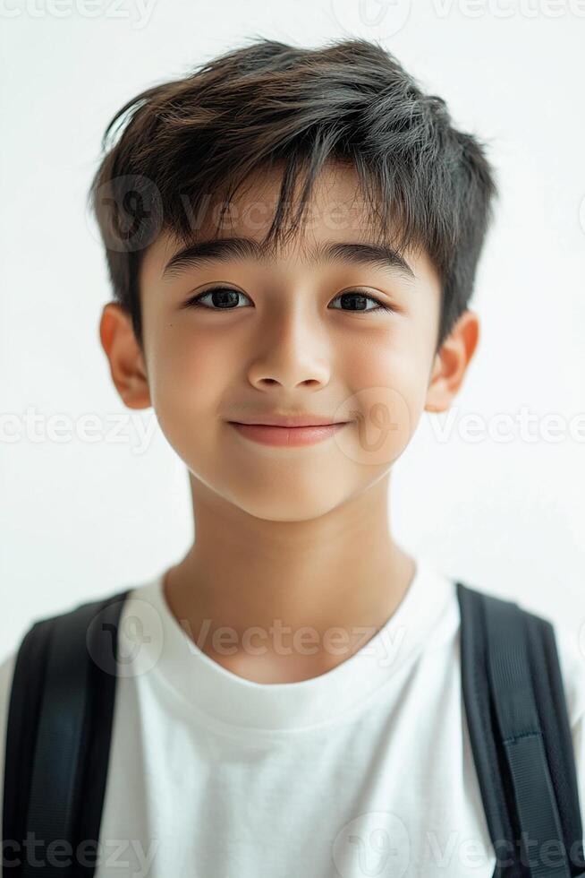 A young boy with a backpack smiling photo