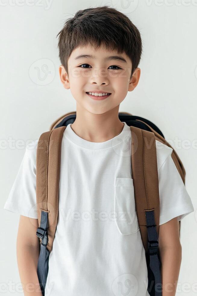 A boy with a backpack standing in front of a white background photo
