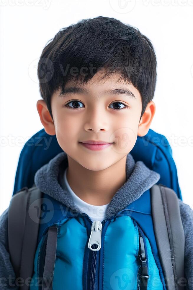 A young boy with a backpack and a smile photo