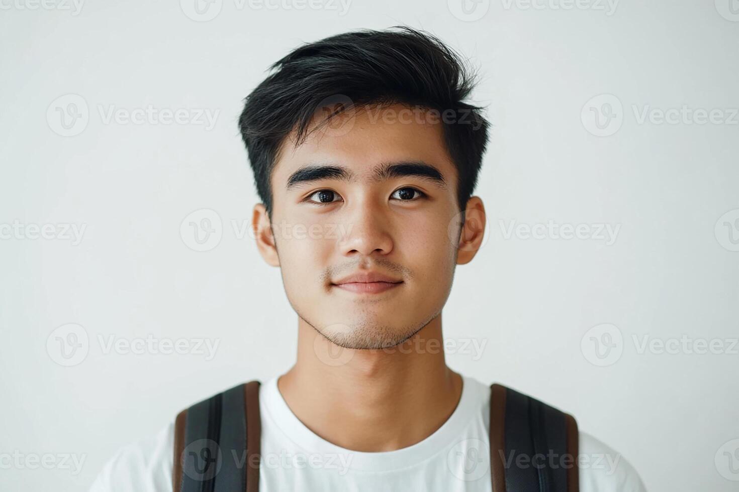 Asian young man with backpack and white shirt photo