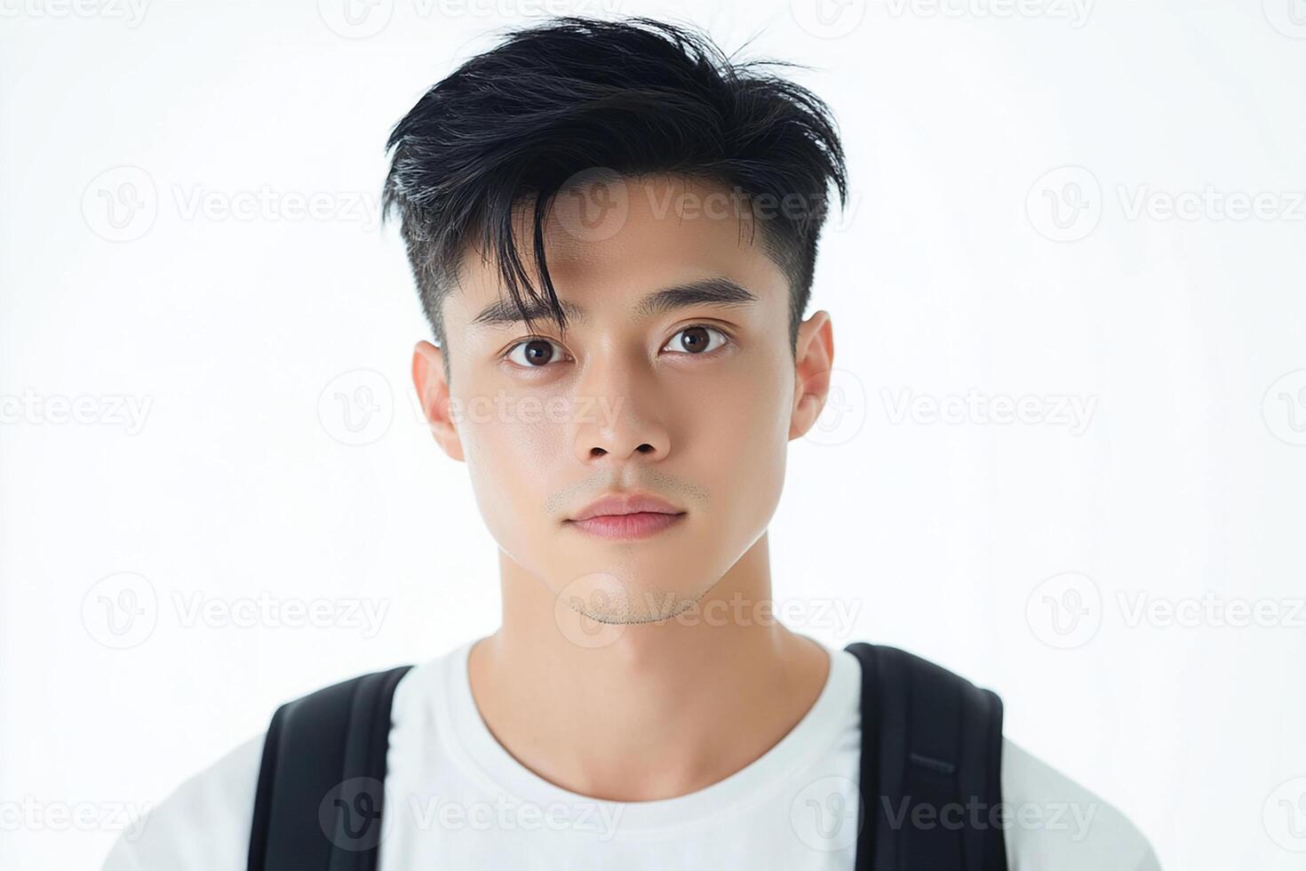 A young man with a backpack and white shirt photo