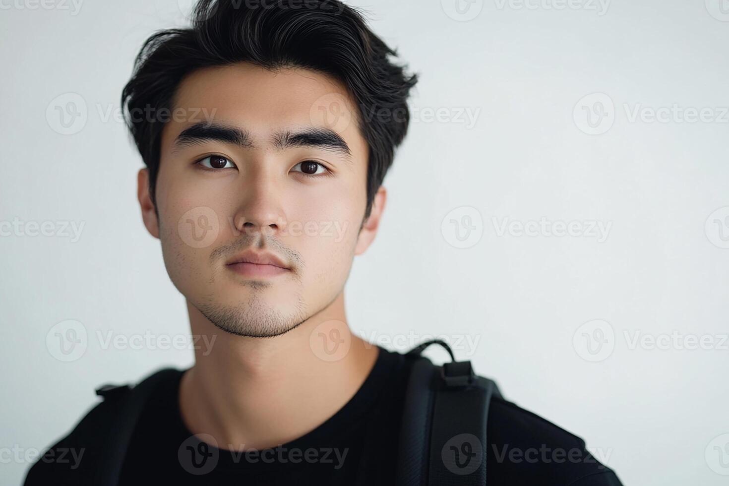 A young man with a black shirt and backpack photo