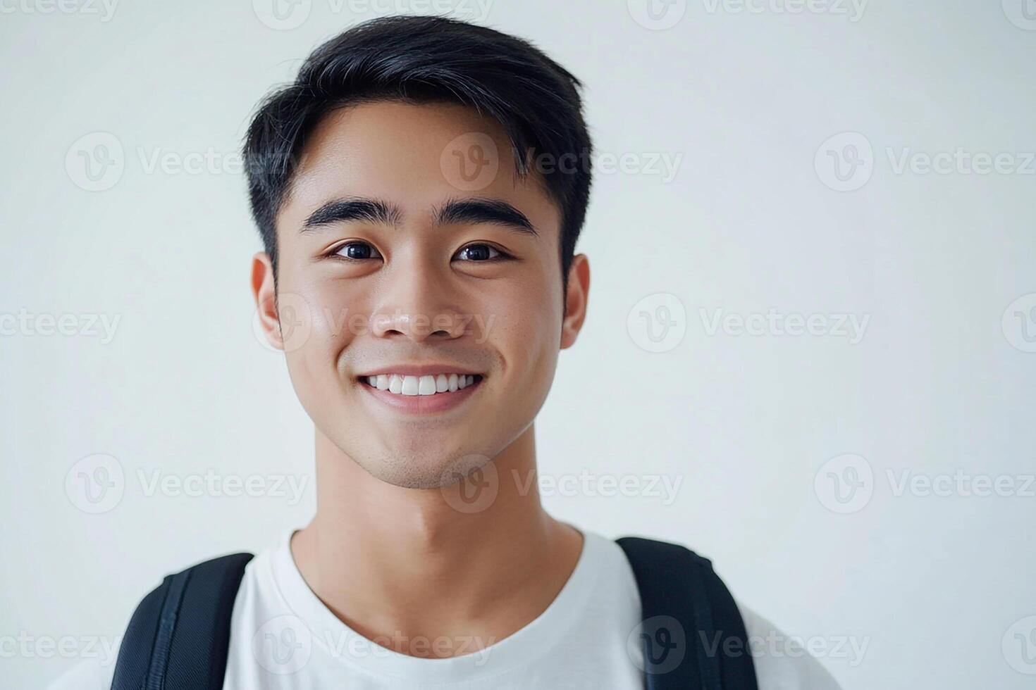 A young man with a backpack smiling photo