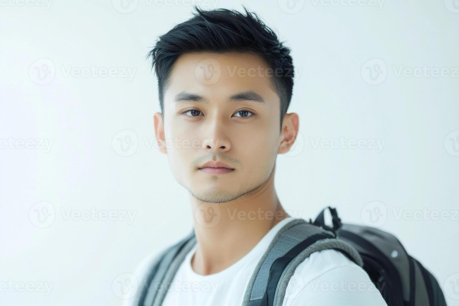 Asian man with backpack looking at camera photo