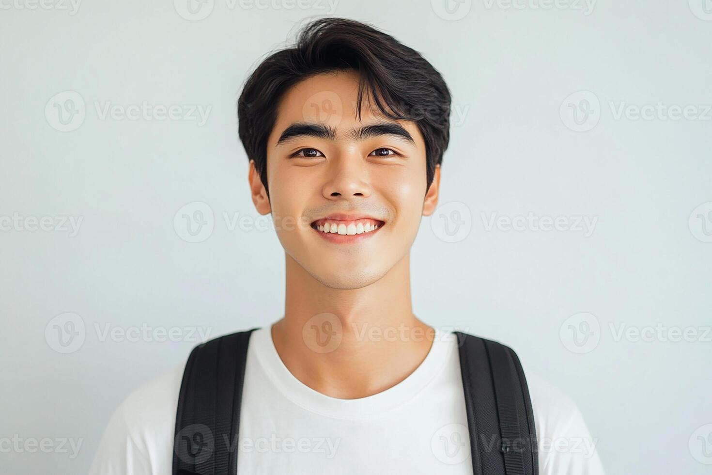 A young man with a backpack smiling photo