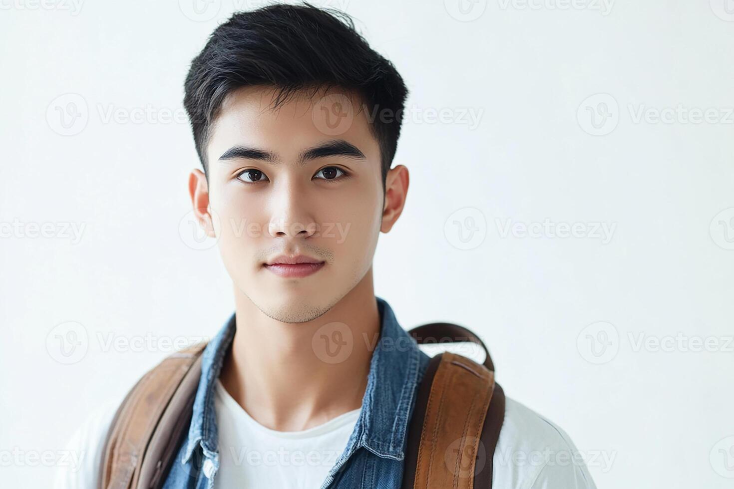 A young man with a backpack and white shirt photo
