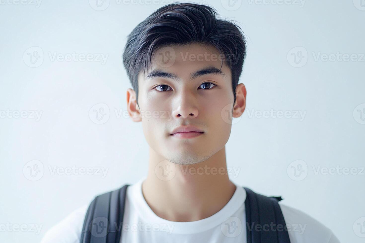 A young man with a backpack and white shirt photo