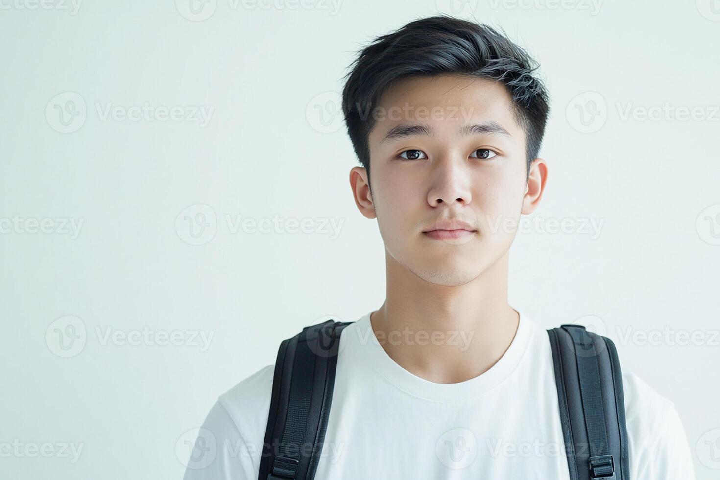 A young man with a backpack and white shirt photo