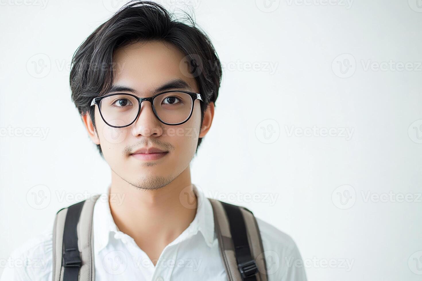 A young man with glasses and a backpack photo