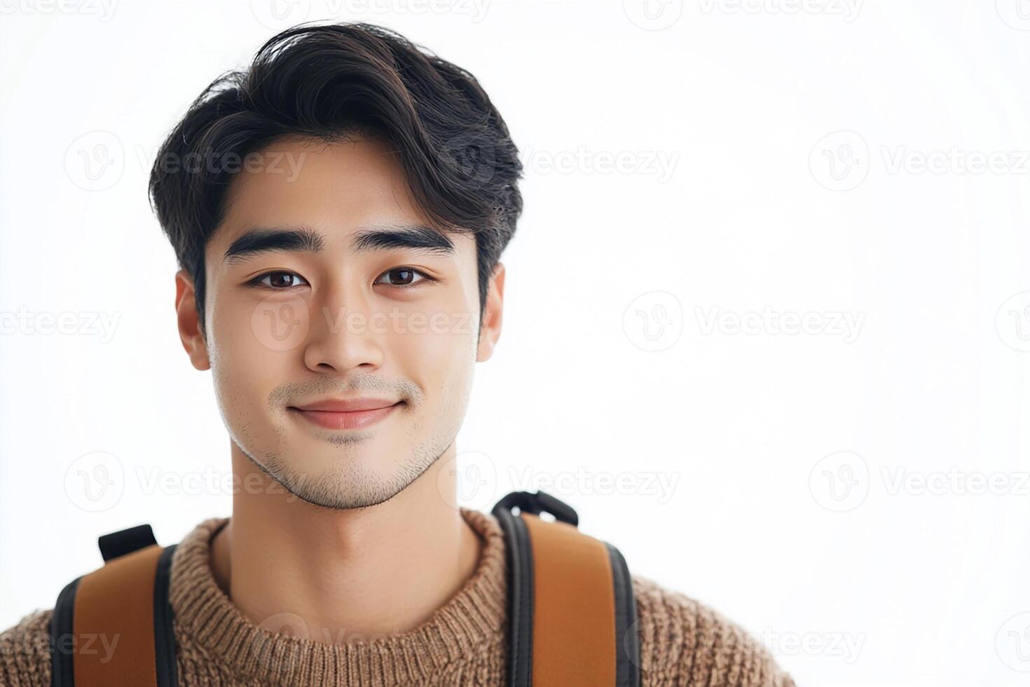 A young man with a backpack and sweater photo