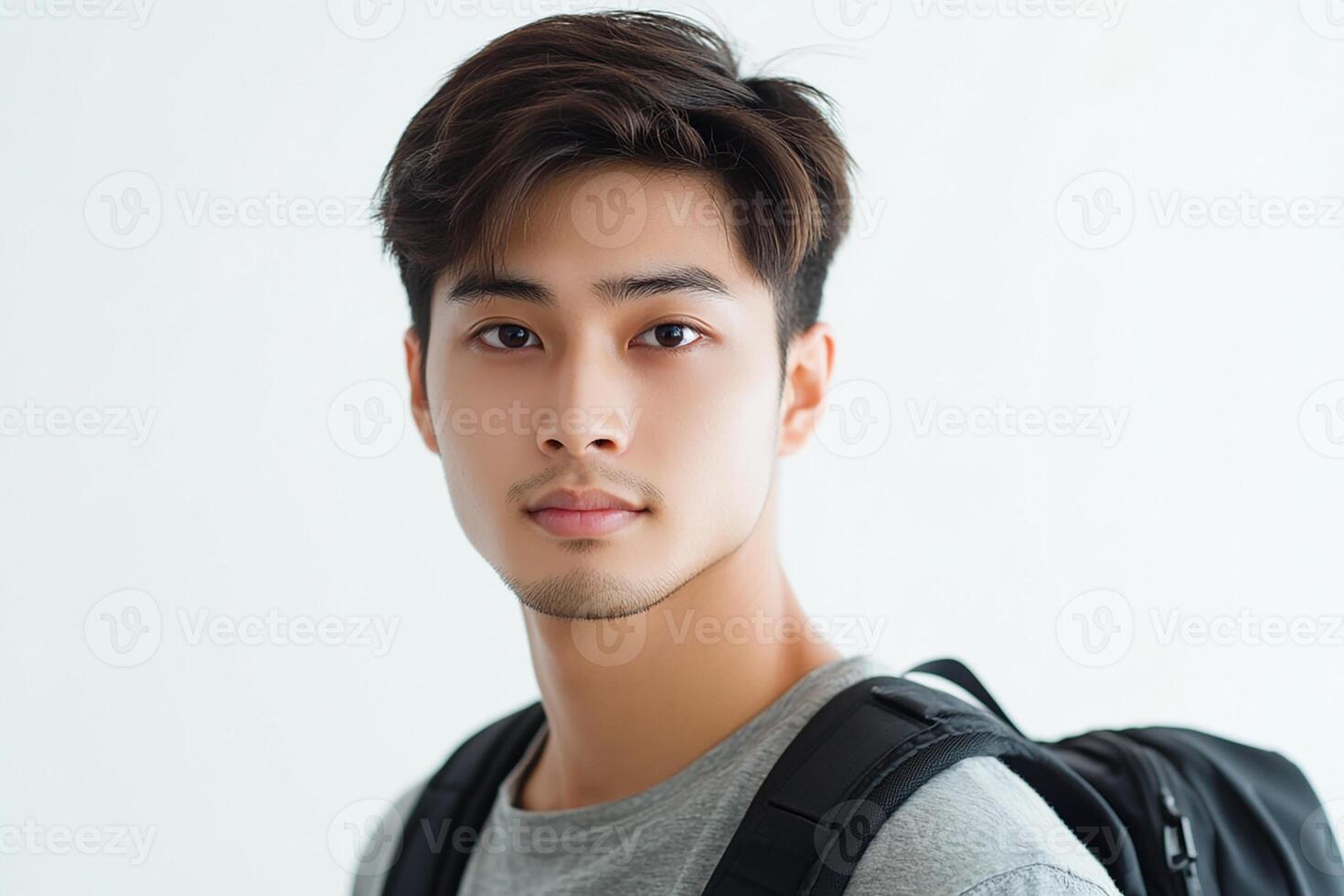 A young man with a backpack and a gray shirt photo