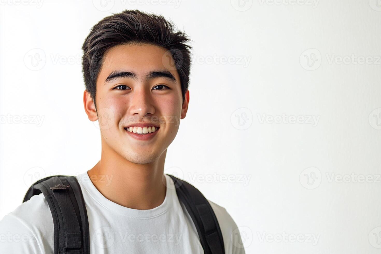 A young man with a backpack smiling photo