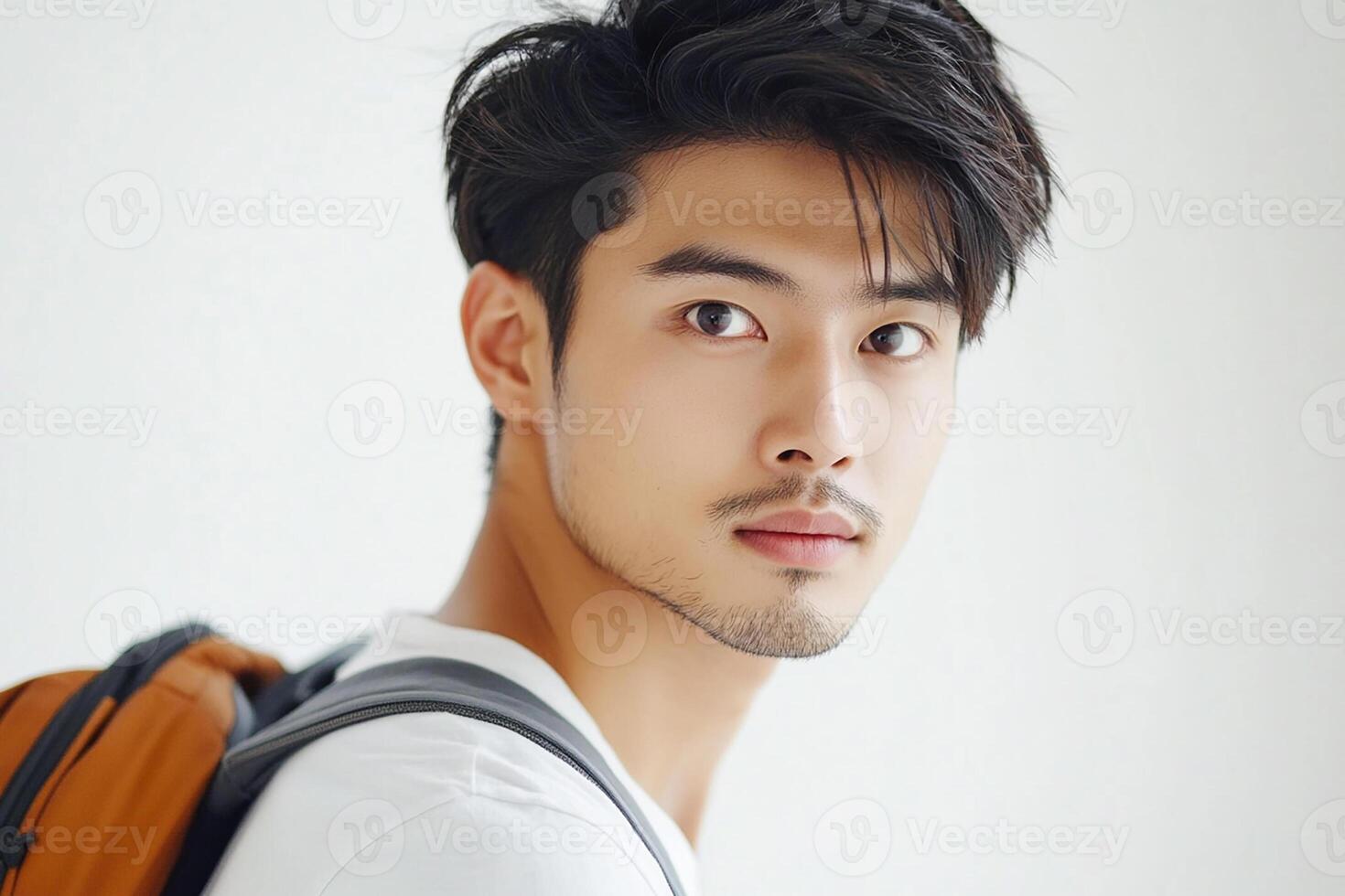 A young man with a backpack and white shirt photo