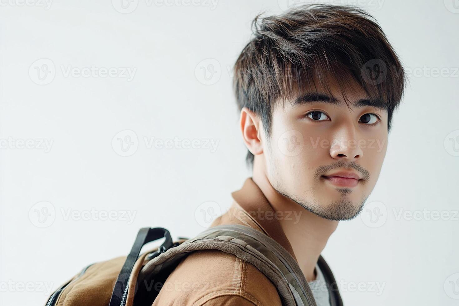 A young man with a backpack and a brown jacket photo