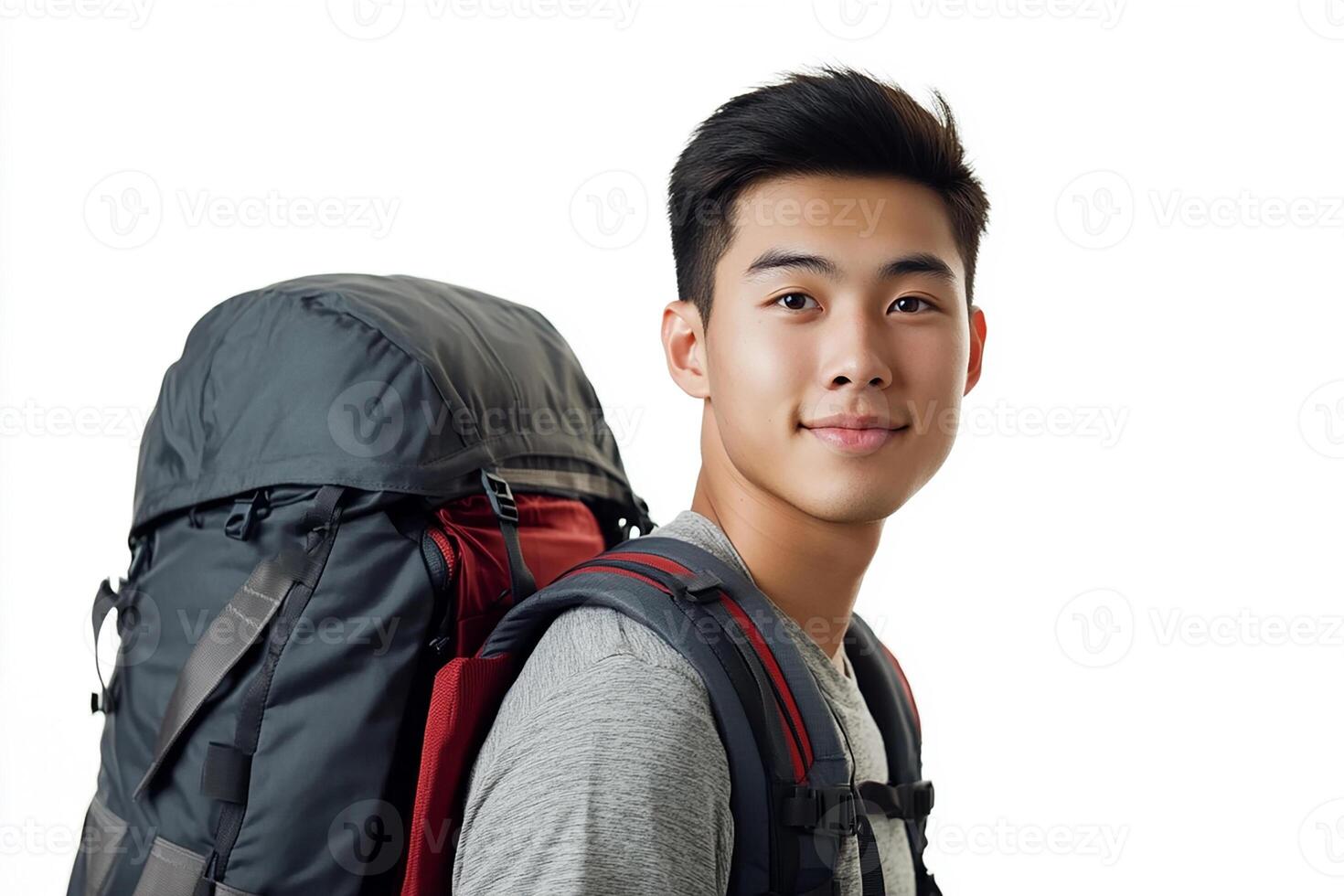 Asian young man with backpack on white background photo