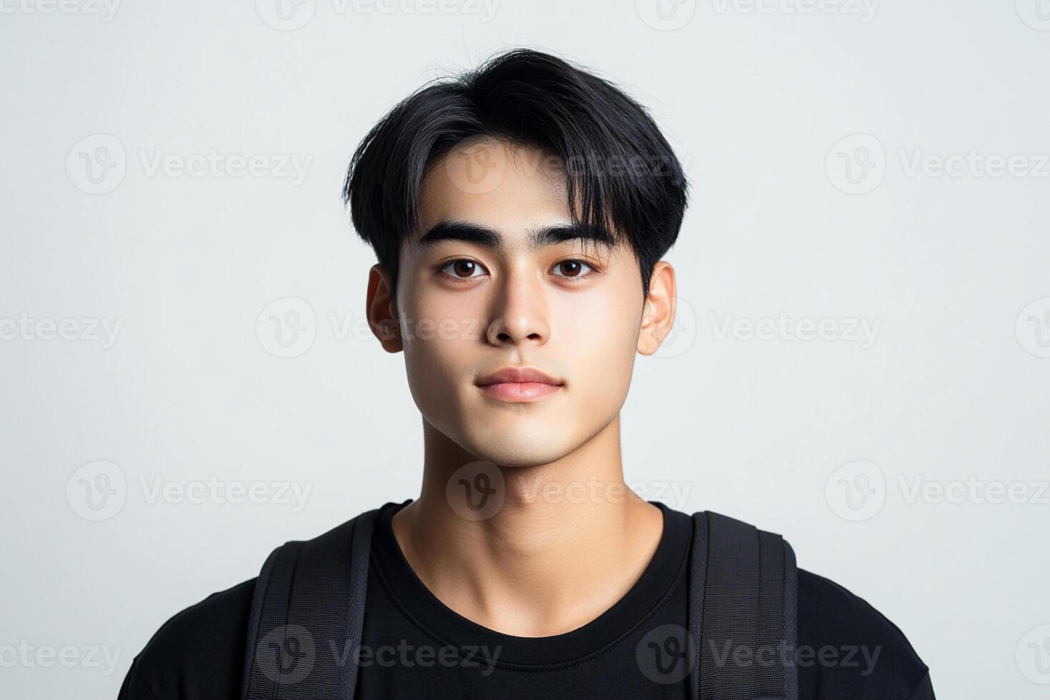 A young man with a black shirt and backpack photo