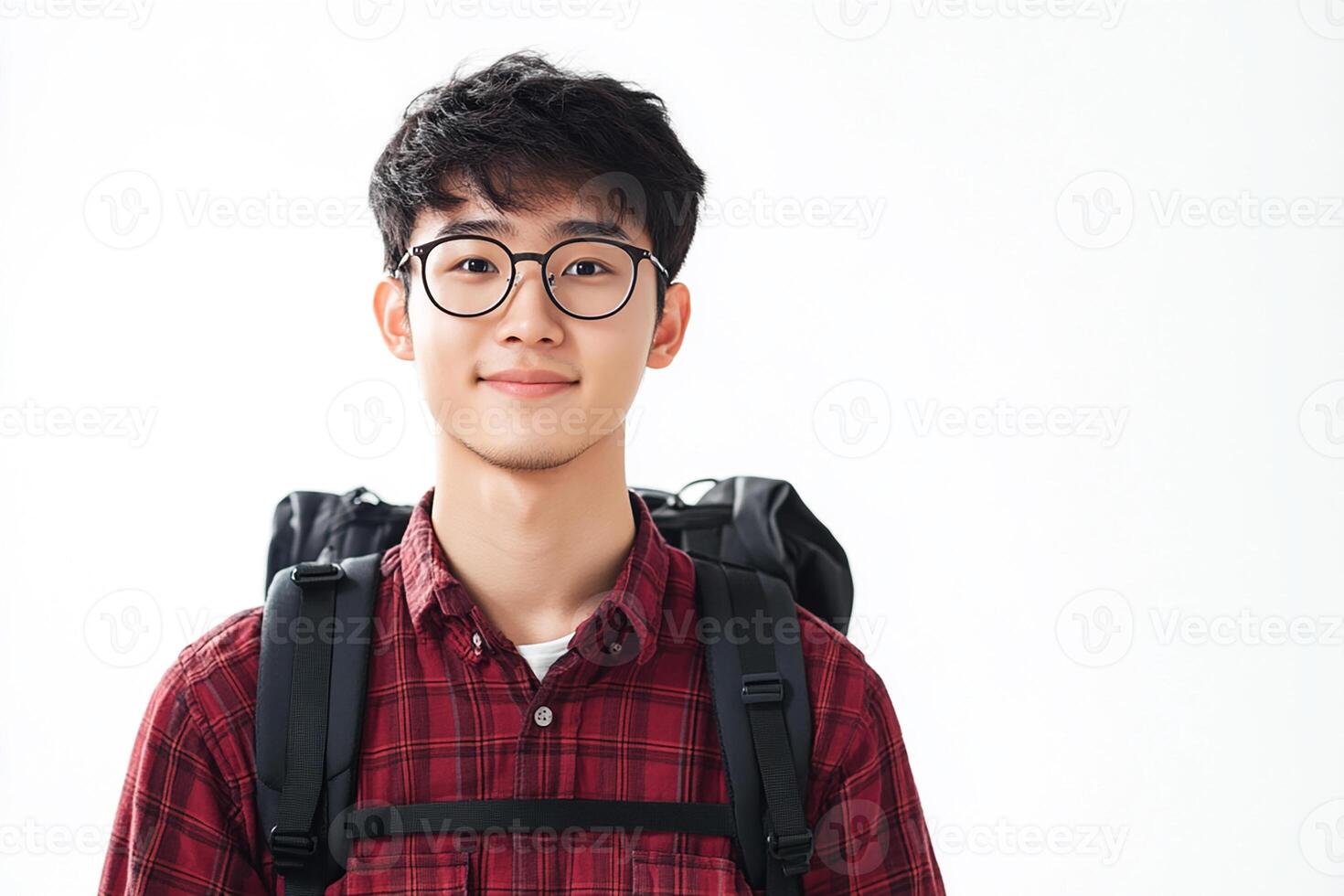 Young asian man with backpack and glasses photo
