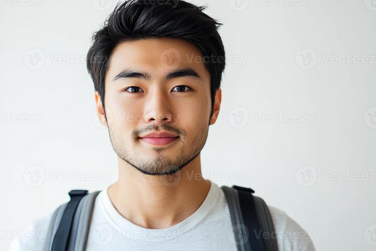 A young man with a backpack and a white shirt photo