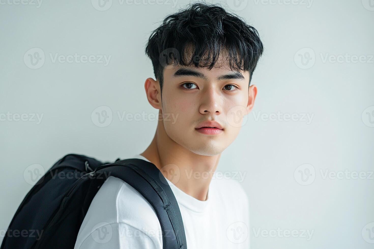 A young man with a backpack and white shirt photo