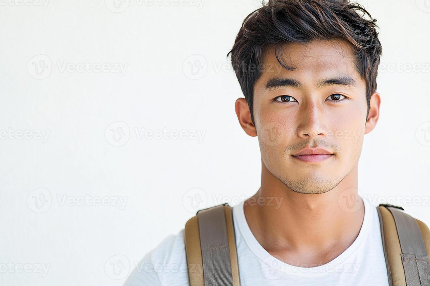 A young man with a backpack and white shirt photo