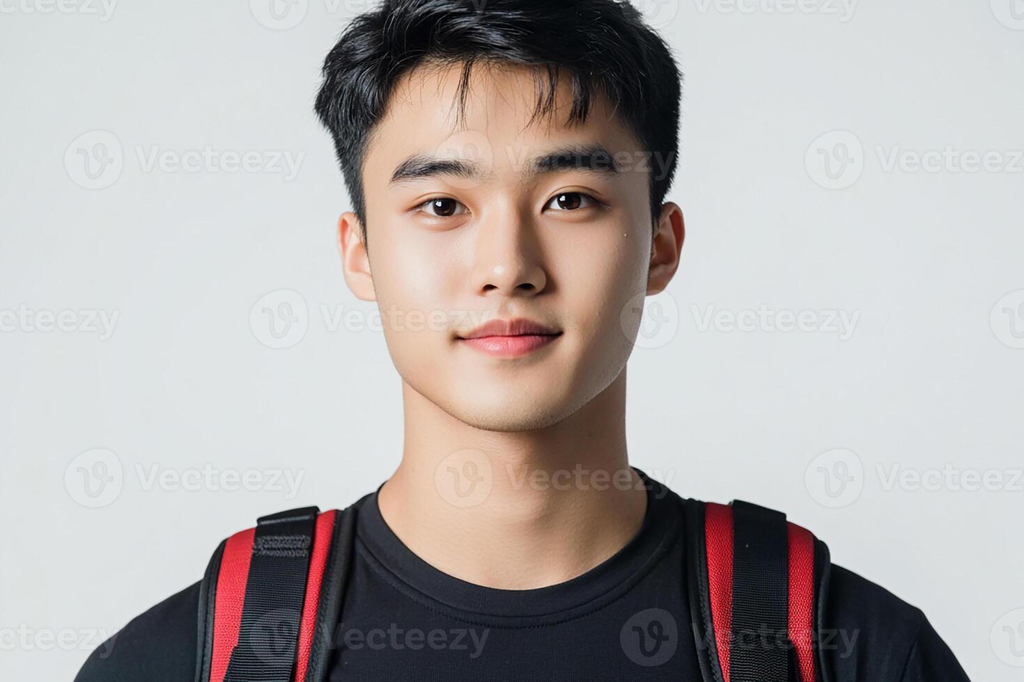 A young man with a backpack and black shirt photo