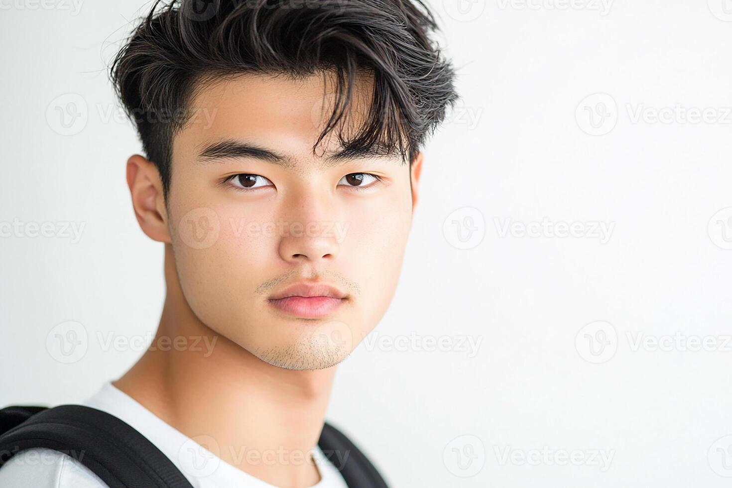 A young man with a backpack looking at the camera photo
