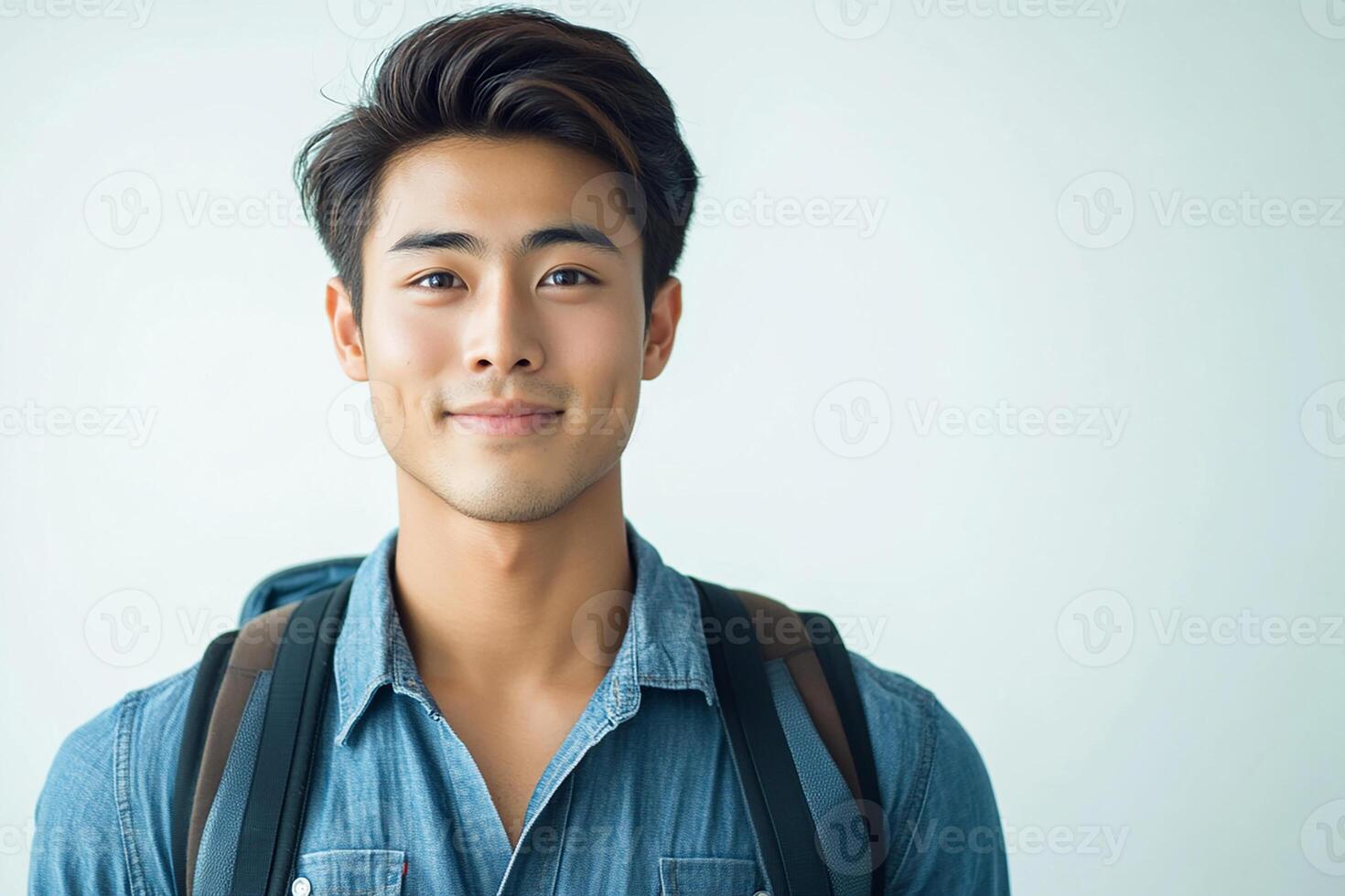 Asian male student with backpack and blue shirt photo