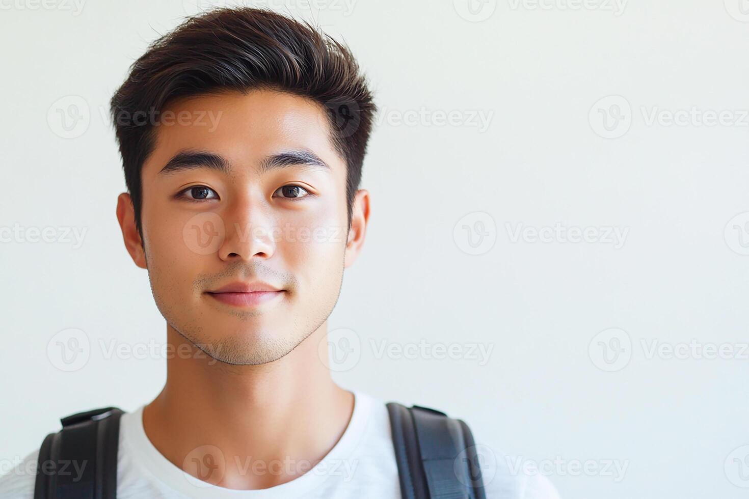 Asian male student with backpack looking at camera photo