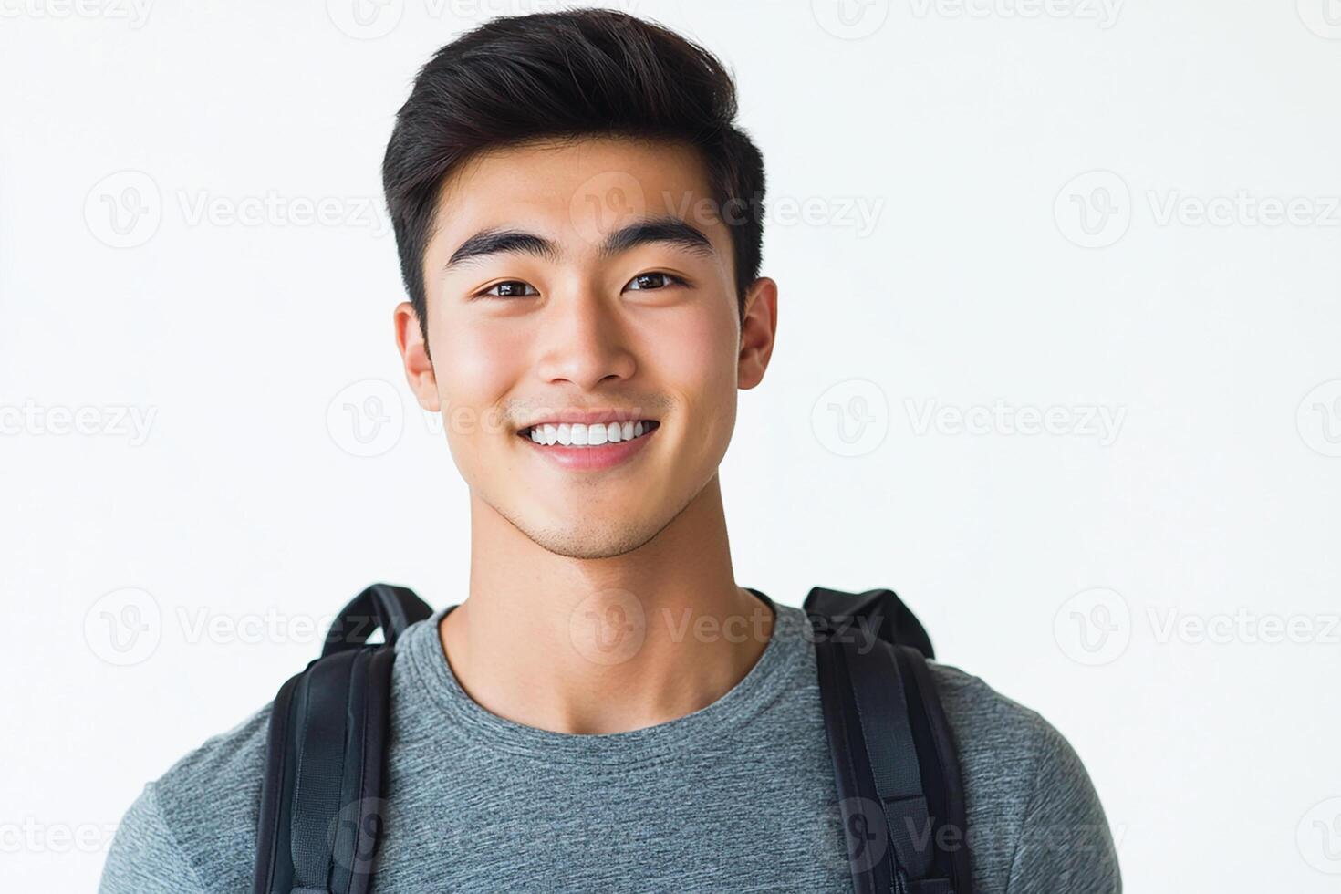 A young man with a backpack smiling photo