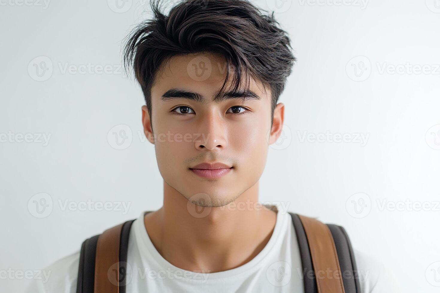 A young man with a backpack and white shirt photo