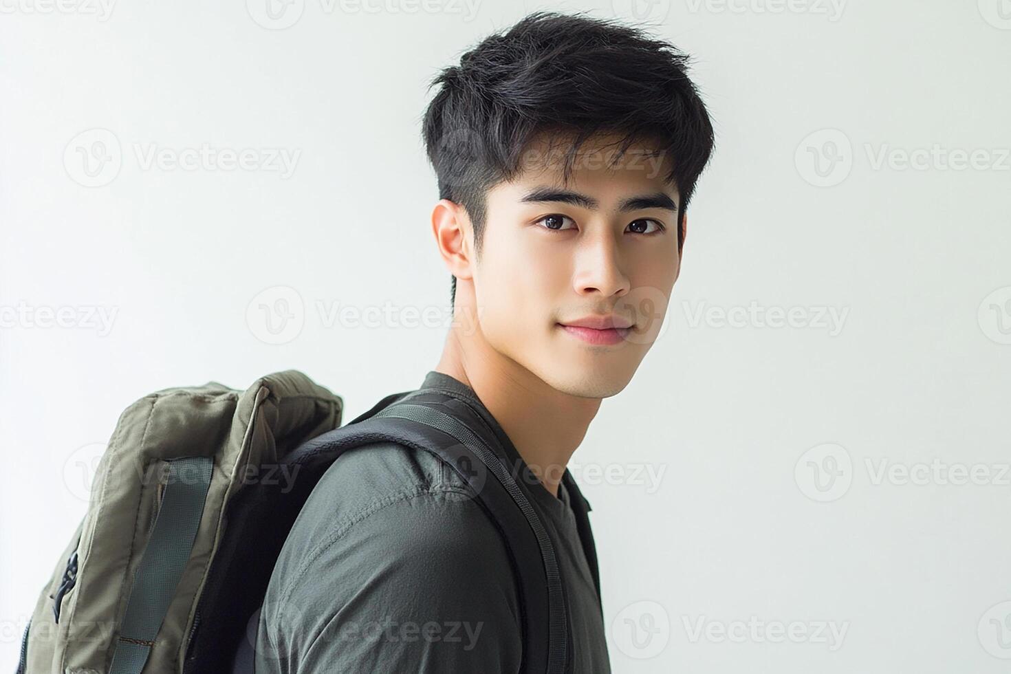 A young man with a backpack and a black shirt photo