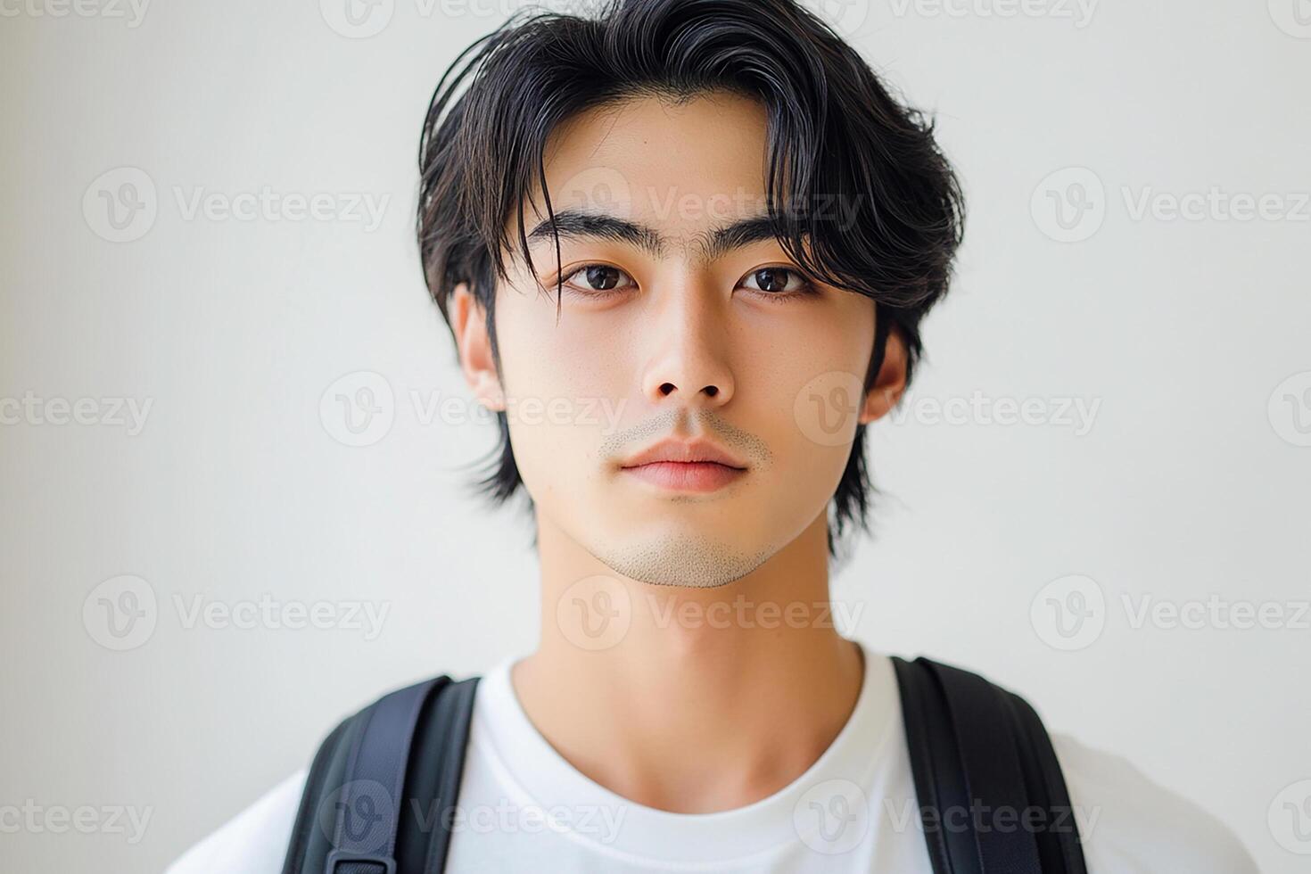 A young man with a backpack and a white shirt photo