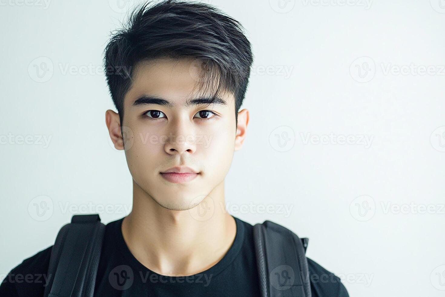 A young man with a backpack and black shirt photo