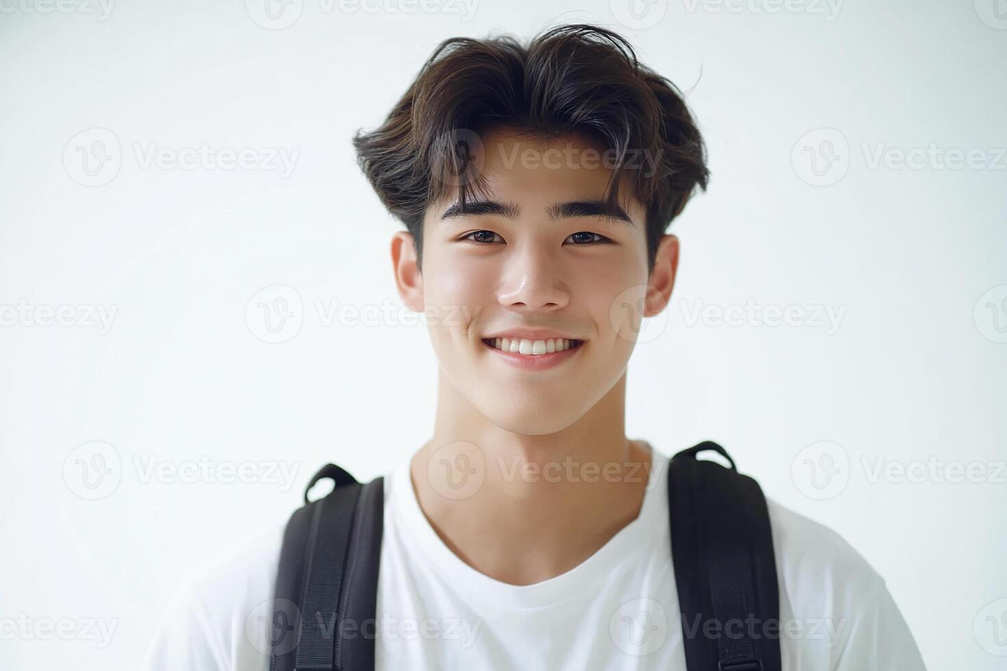 A young man with a backpack smiling photo
