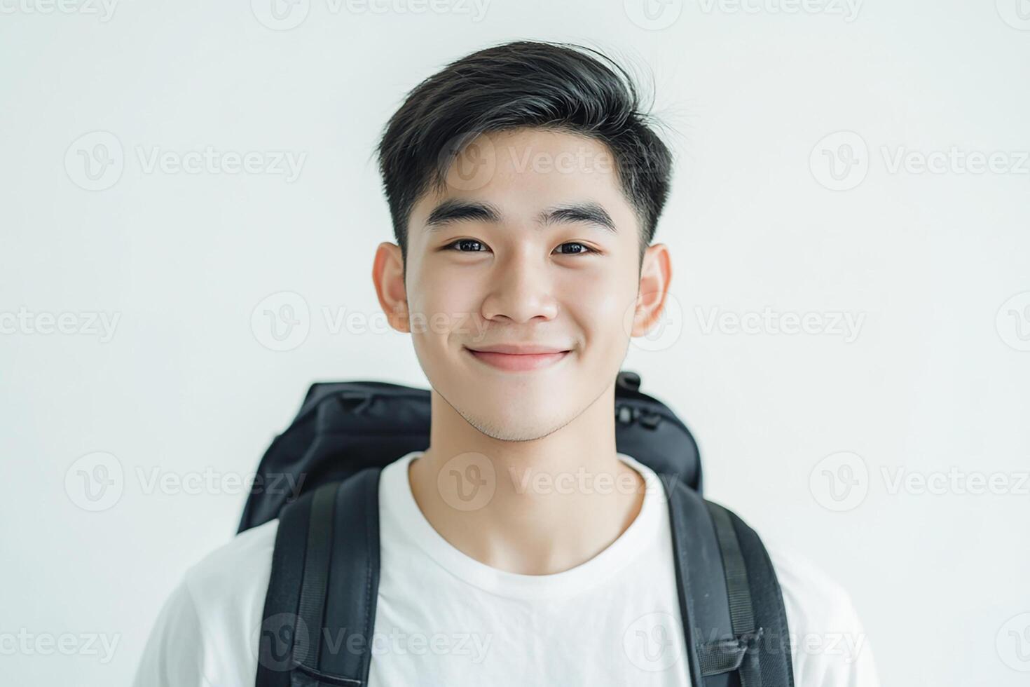 Asian young man with backpack smiling photo