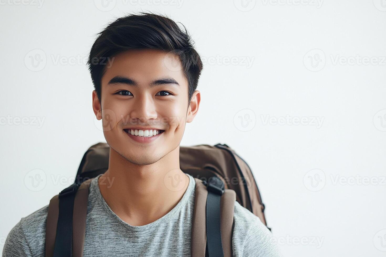 Asian young man with backpack smiling photo