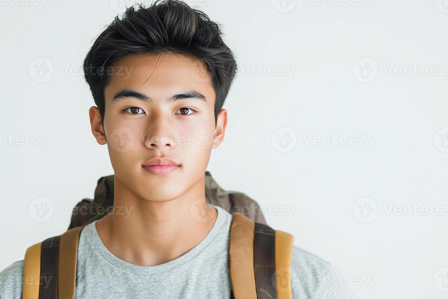 Asian young man with backpack looking at camera photo