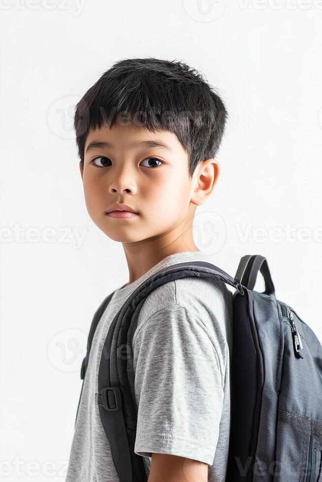 A young boy with a backpack standing in front of a white background photo