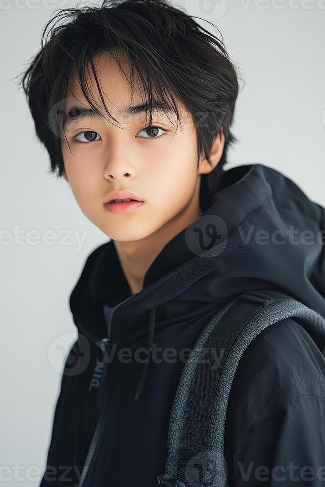 A young man in a black jacket and backpack photo